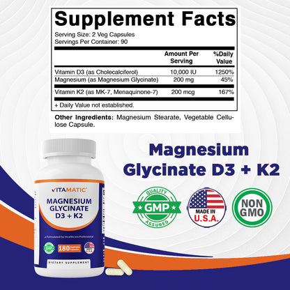 Magnesium Glycinate 200 mg (Elemental) with Vitamin D3 5000 IU & K2 200 mcg – High Absorption Bone, Muscle & Heart Support – 180 Veg Capsules – Non-GMO – Made in USA