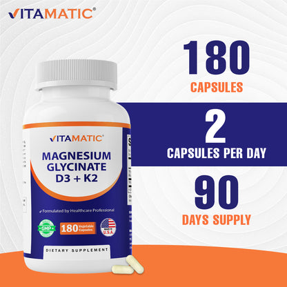 Magnesium Glycinate 200 mg (Elemental) with Vitamin D3 5000 IU & K2 200 mcg – High Absorption Bone, Muscle & Heart Support – 180 Veg Capsules – Non-GMO – Made in USA