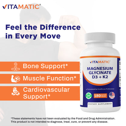 Magnesium Glycinate 200 mg (Elemental) with Vitamin D3 5000 IU & K2 200 mcg – High Absorption Bone, Muscle & Heart Support – 180 Veg Capsules – Non-GMO – Made in USA