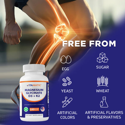 Magnesium Glycinate 200 mg (Elemental) with Vitamin D3 5000 IU & K2 200 mcg – High Absorption Bone, Muscle & Heart Support – 180 Veg Capsules – Non-GMO – Made in USA