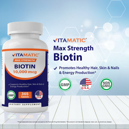 Biotin 10,000 mcg (10 mg) 365 Vegan Tablets