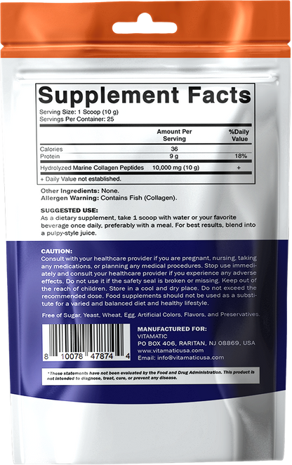Hydrolyzed Marine Collagen Powder 250g (8.8 oz) – Wild-Caught Fish Collagen Peptides – Type I Collagen – Unflavored Protein Powder – 10g per Serving