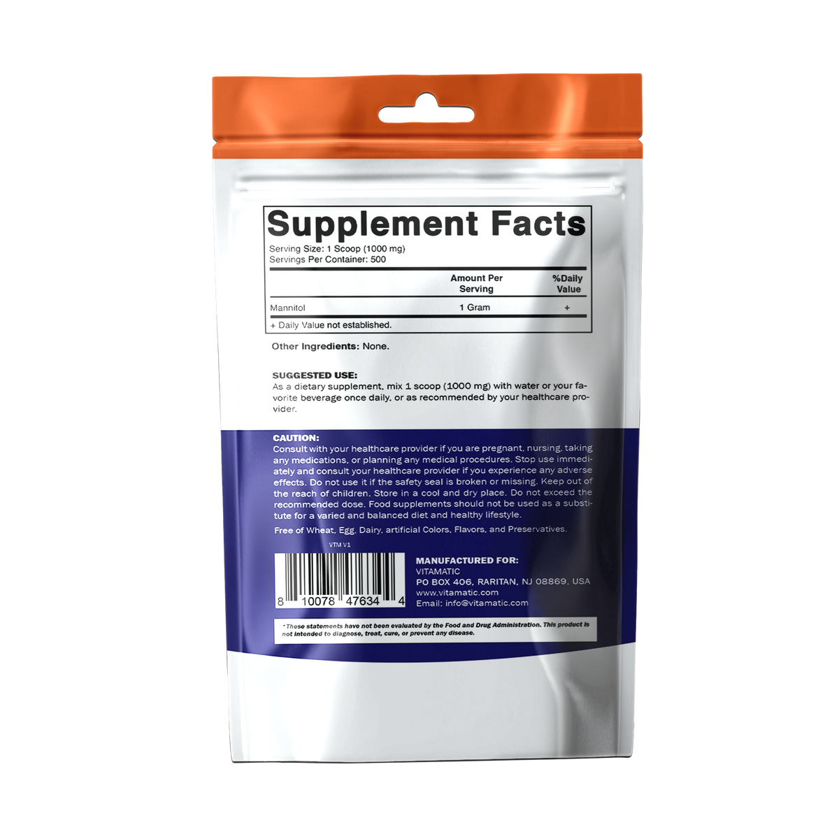 Mannitol Powder 1000mg Per Serving, 500g Pouch