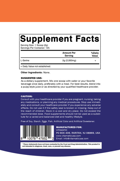 Vitamatic L-Serine Pure Powder 250 Gram | 2000 mg per Serving | 125 Servings
