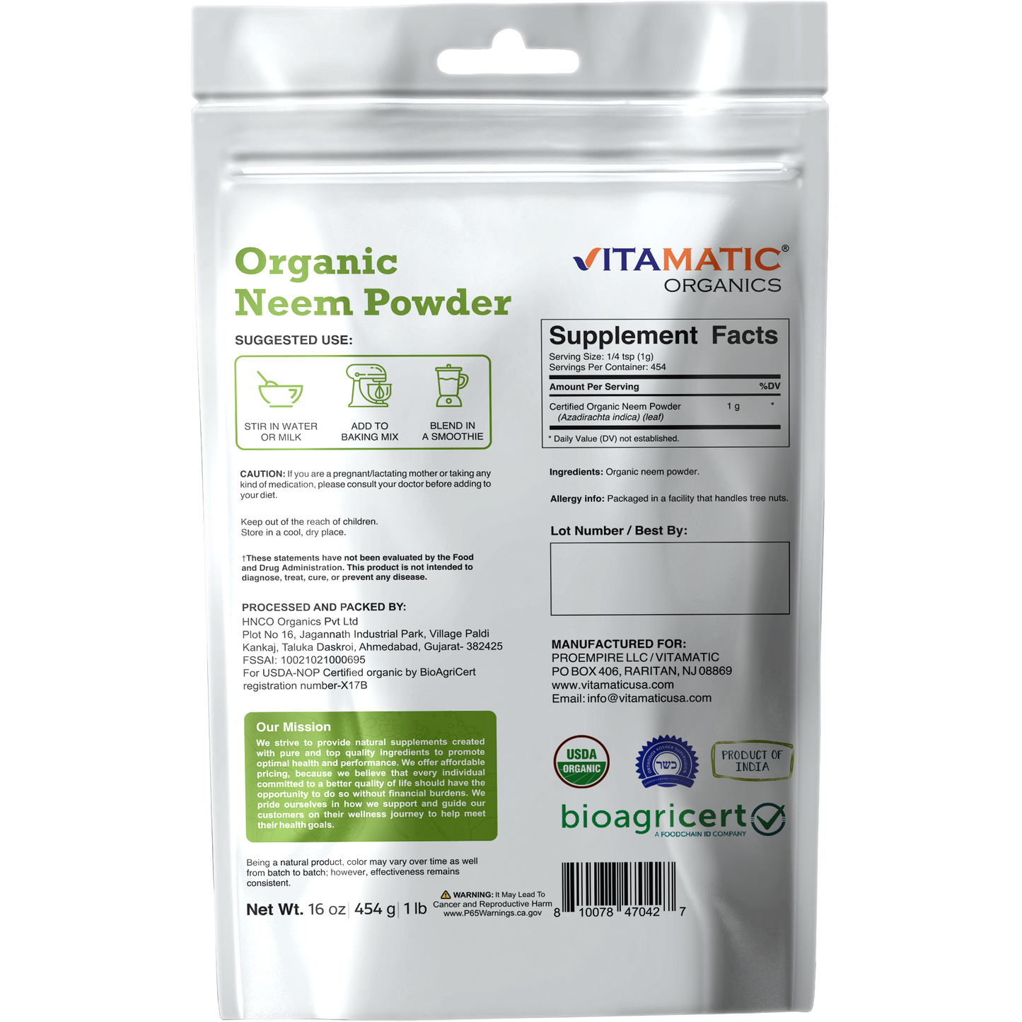 Back label of Vitamatic Organics Organic Neem Powder with Supplement Facts, suggested use, ingredients, certifications, and storage information.