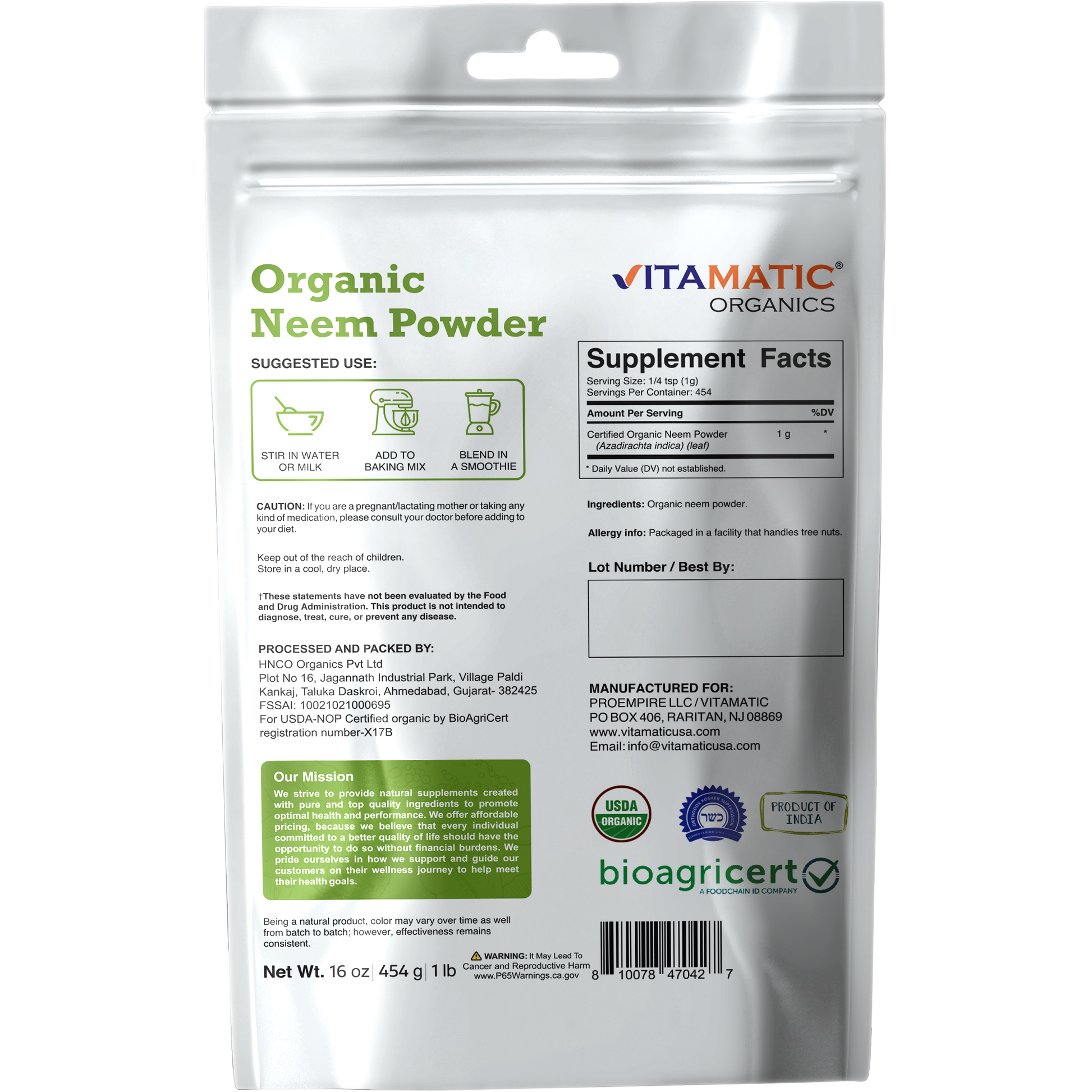 Back label of Vitamatic Organics Organic Neem Powder with Supplement Facts, suggested use, ingredients, certifications, and storage information.