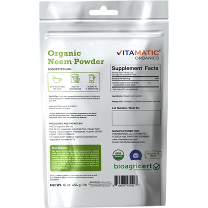 Back label of Vitamatic Organics Organic Neem Powder with Supplement Facts, suggested use, ingredients, certifications, and storage information.