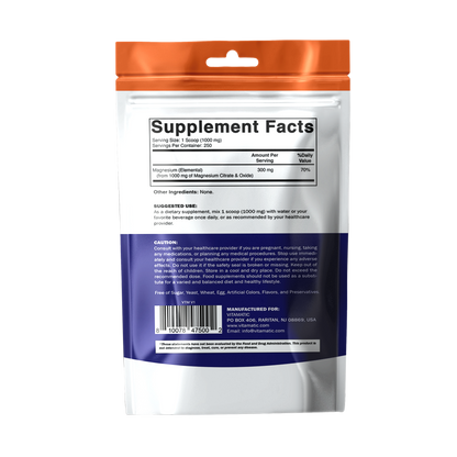 Magnesium Citrate Powder 1000mg, 250g Pouch