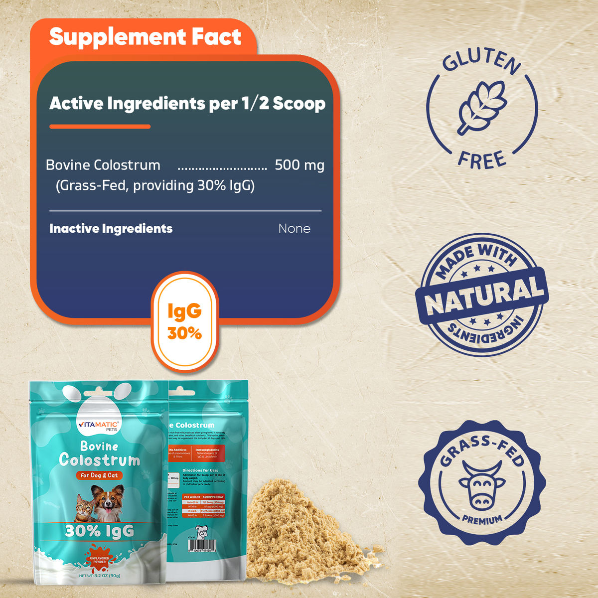 Bovine Colostrum for Dogs & Cats 30% IgG, 90g Pouch
