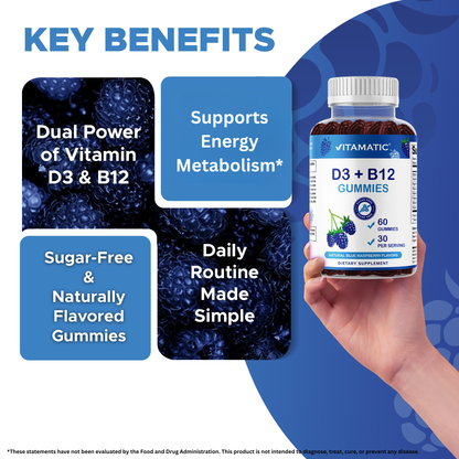 Vitamatic Vitamin D3 + B12 Gummies Made with Folate & Vitamin B6 - Natural Blue Raspberry Flavor – 60 Gummies