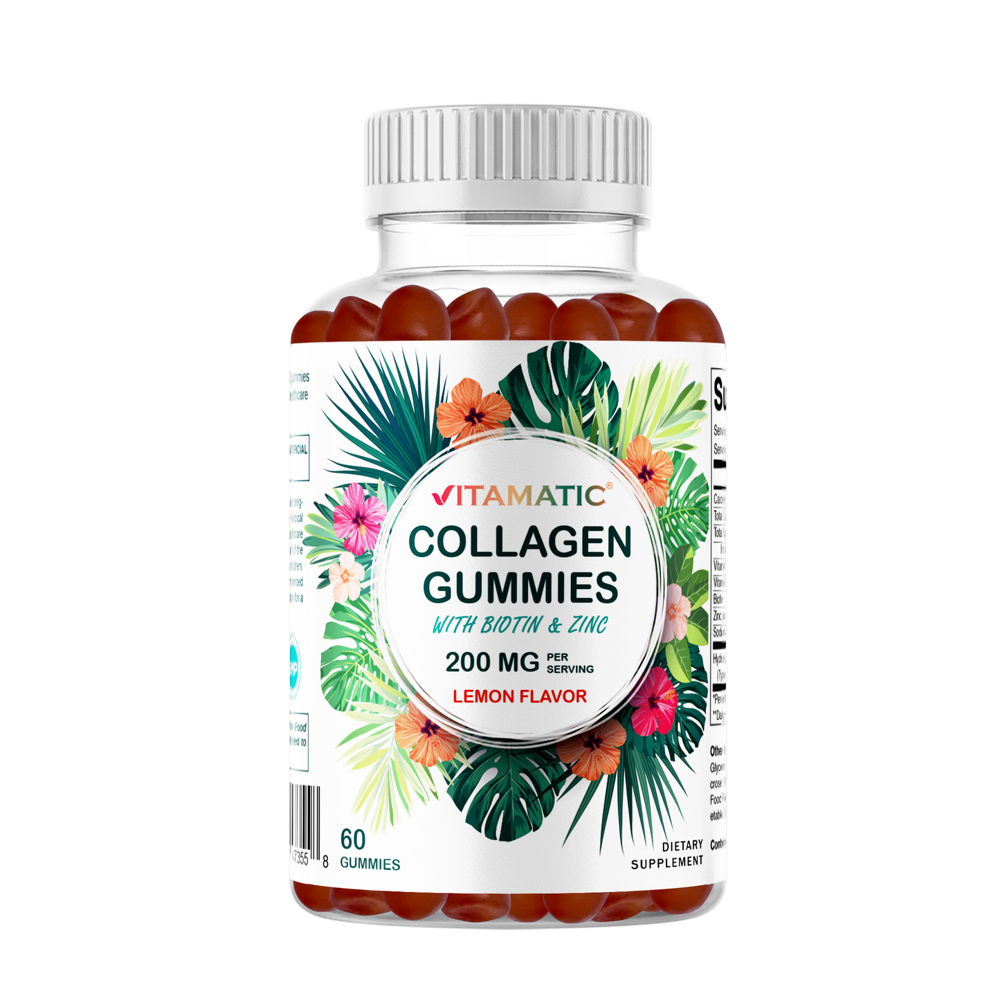 Hydrolyzed Collagen Gummies with Vitamin C, Zinc and Biotin, 200mg - 60 Gummies