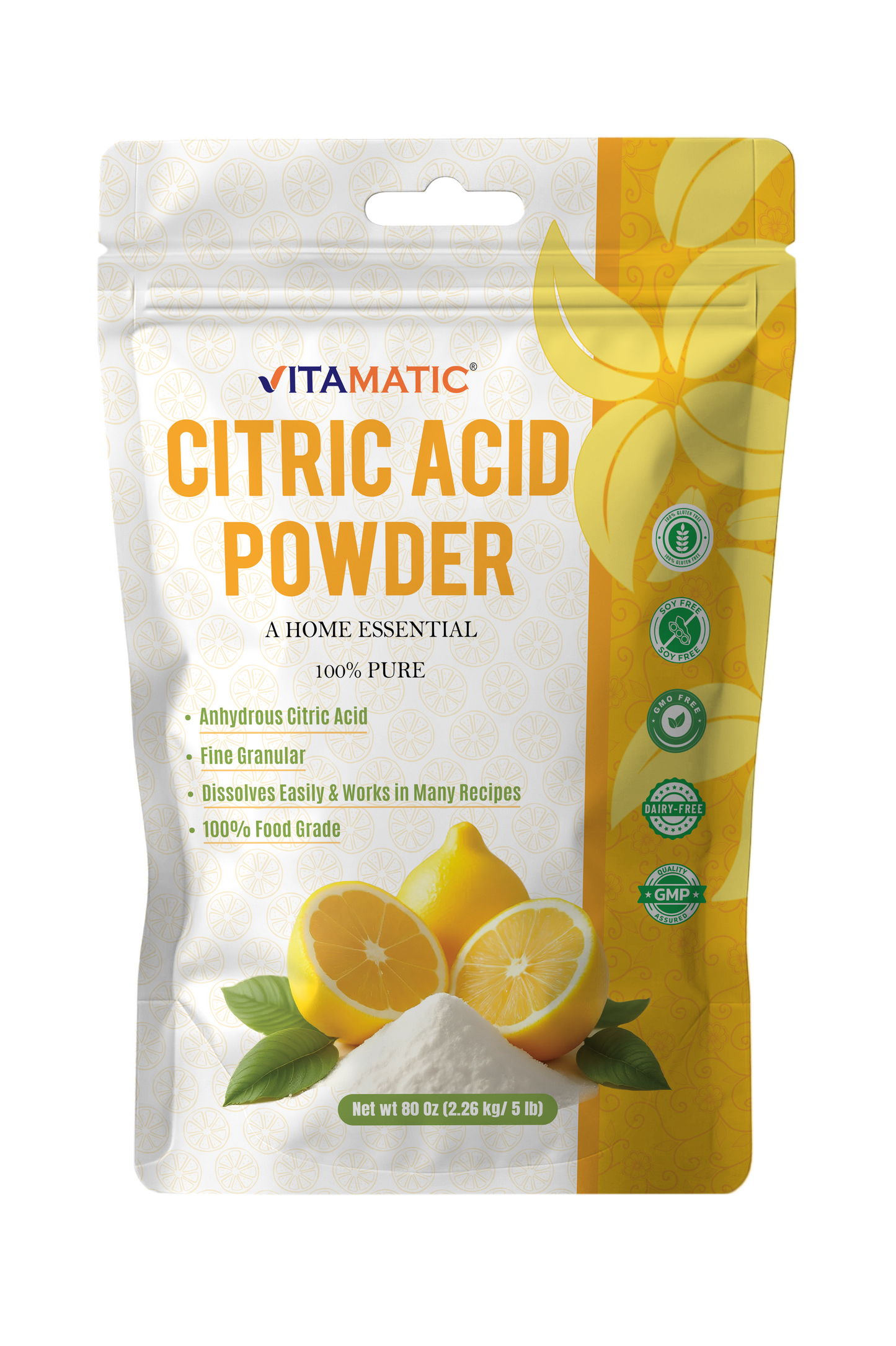 Vitamatic Citric Acid Powder 5 lb (80 oz) – 100% Pure Anhydrous Crystalline Granules, Food Grade, Easy Dissolving for Cooking, Baking, Cleaning & Preserving