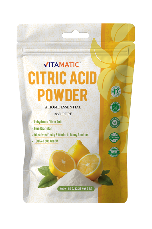 Vitamatic Citric Acid Powder 5 lb (80 oz) – 100% Pure Anhydrous Crystalline Granules, Food Grade, Easy Dissolving for Cooking, Baking, Cleaning & Preserving