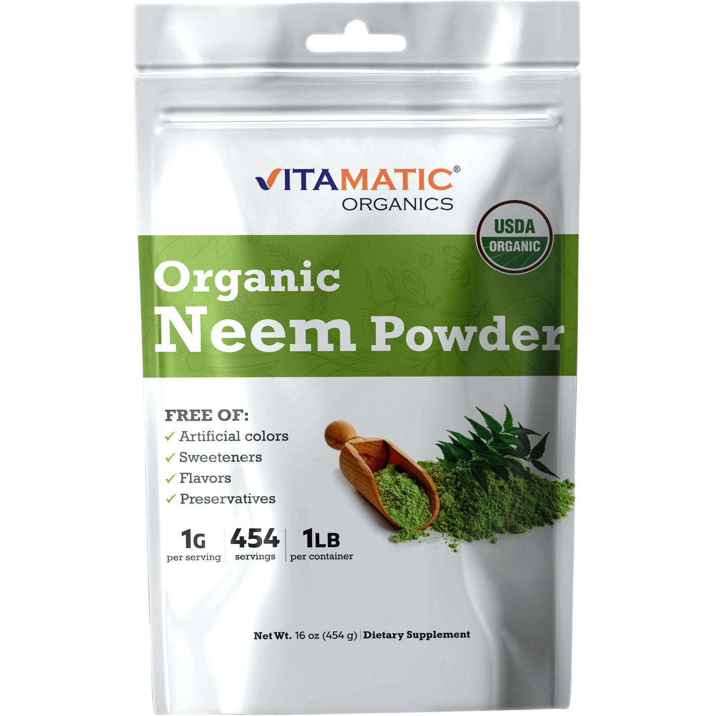 Vitamatic Organics Organic Neem Powder, USDA Organic, 1 lb resealable pouch with 454 servings.