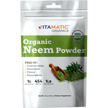 Vitamatic Organics Organic Neem Powder, USDA Organic, 1 lb resealable pouch with 454 servings.