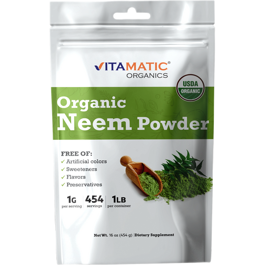 Vitamatic Organics Organic Neem Powder, USDA Organic, 1 lb resealable pouch with 454 servings.