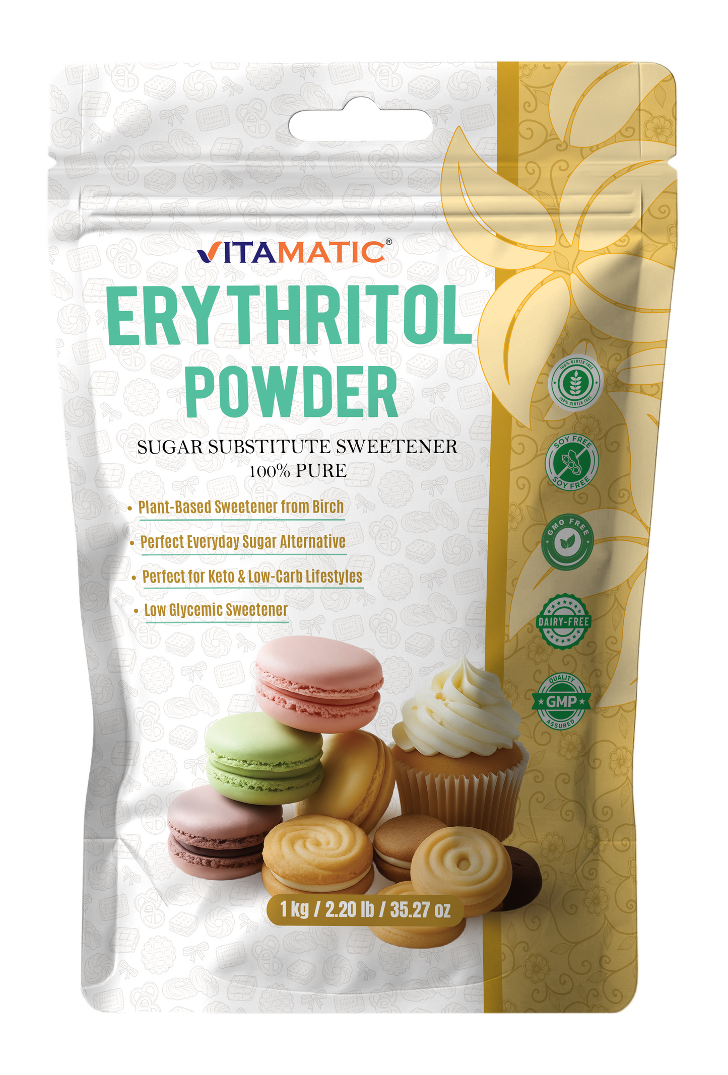 Erythritol Powder 1 kg (2.2 lb) - 100% Pure Sugar Substitute Sweetener – Non-GMO, Gluten Free
