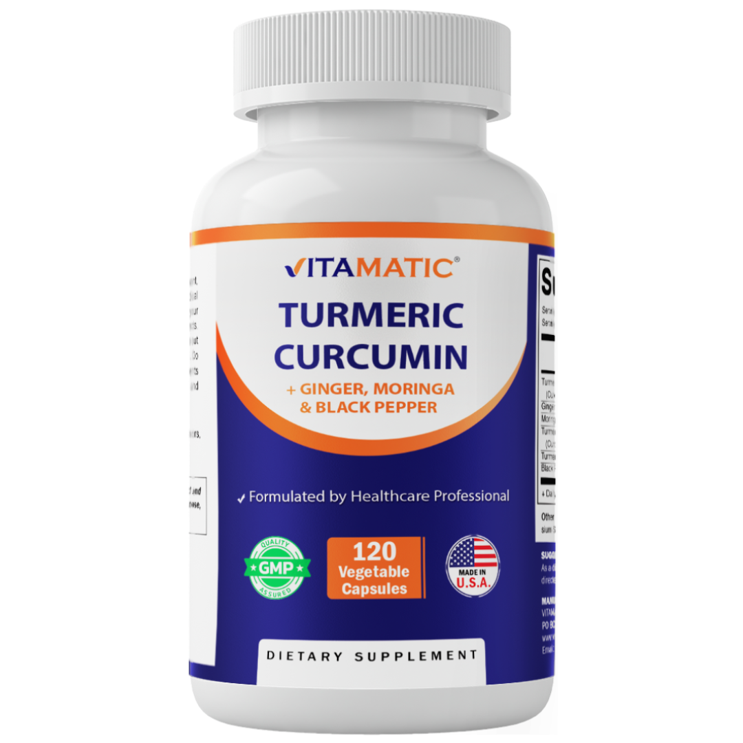 Vitamatic Turmeric Curcumin Supplement – Plant-Based Botanical Extract with Black Pepper, Ginger & Moringa – Vegetarian, Non-GMO, Gluten-Free – 120 Capsules
