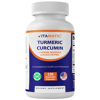 Vitamatic Turmeric Curcumin Supplement – Plant-Based Botanical Extract with Black Pepper, Ginger & Moringa – Vegetarian, Non-GMO, Gluten-Free – 120 Capsules