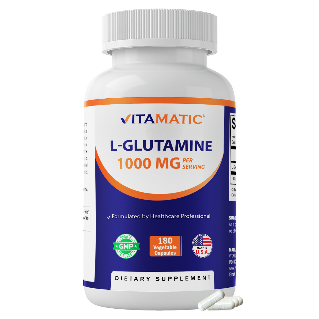 Vitamatic L-Glutamine 1000 mg Per Serving, 180 Vegetarian Capsules, Non-GMO, Gluten Free, Amino Acid Supplement, Made in the USA