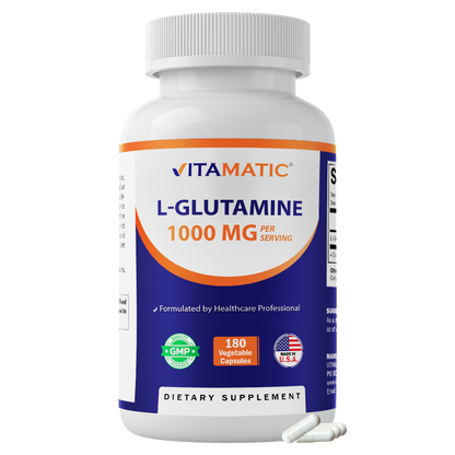 Vitamatic L-Glutamine 1000 mg Per Serving, 180 Vegetarian Capsules, Non-GMO, Gluten Free, Amino Acid Supplement, Made in the USA