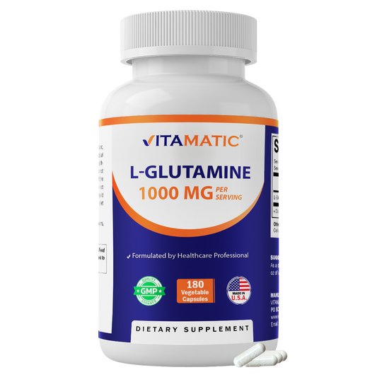 Vitamatic L-Glutamine 1000 mg Per Serving, 180 Vegetarian Capsules, Non-GMO, Gluten Free, Amino Acid Supplement, Made in the USA
