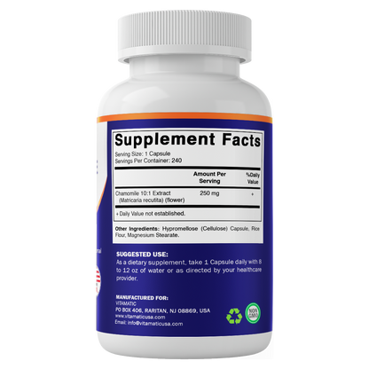 Vitamatic Chamomile 250 mg 10:1 Extract - 240 Veg Capsules - Non-GMO & Gluten Free