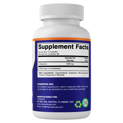 Vitamatic L-Glutamine 1000 mg Per Serving, 180 Vegetarian Capsules, Non-GMO, Gluten Free, Amino Acid Supplement, Made in the USA