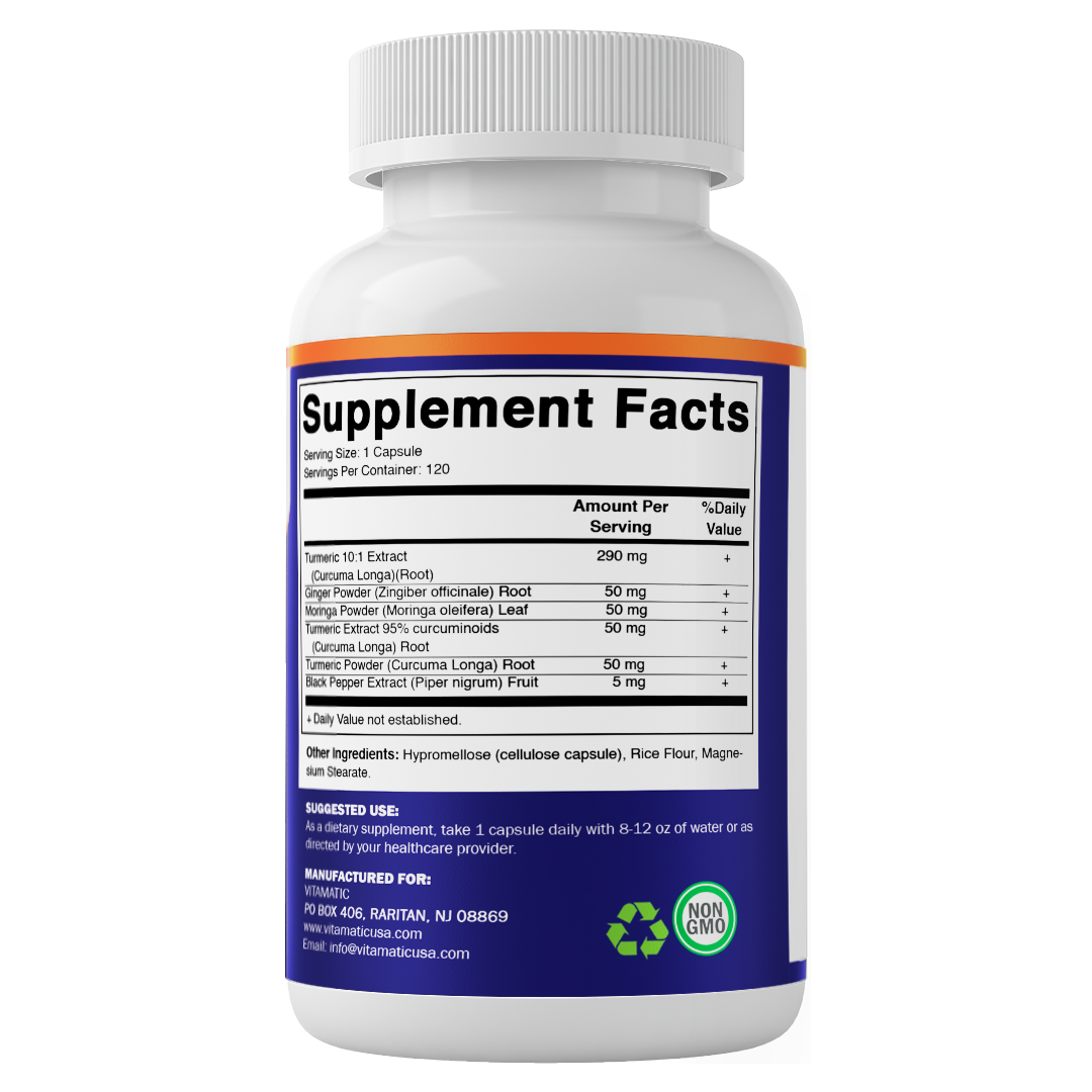 Vitamatic Turmeric Curcumin Supplement – Plant-Based Botanical Extract with Black Pepper, Ginger & Moringa – Vegetarian, Non-GMO, Gluten-Free – 120 Capsules