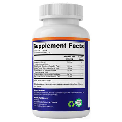 Vitamatic Turmeric Curcumin Supplement – Plant-Based Botanical Extract with Black Pepper, Ginger & Moringa – Vegetarian, Non-GMO, Gluten-Free – 120 Capsules