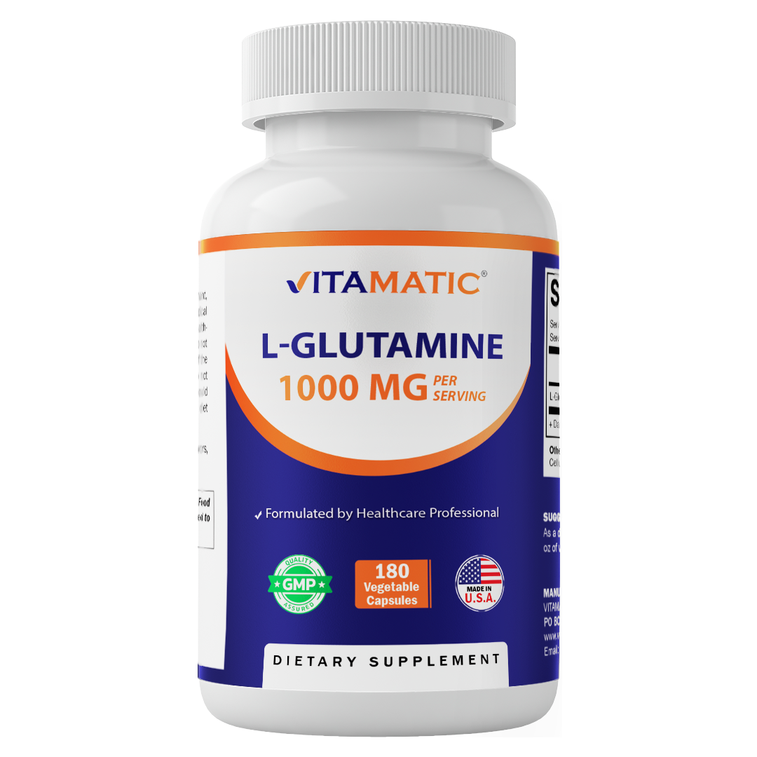 Vitamatic L-Glutamine 1000 mg Per Serving, 180 Vegetarian Capsules, Non-GMO, Gluten Free, Amino Acid Supplement, Made in the USA