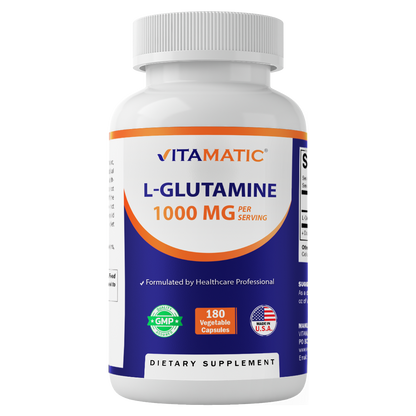 Vitamatic L-Glutamine 1000 mg Per Serving, 180 Vegetarian Capsules, Non-GMO, Gluten Free, Amino Acid Supplement, Made in the USA