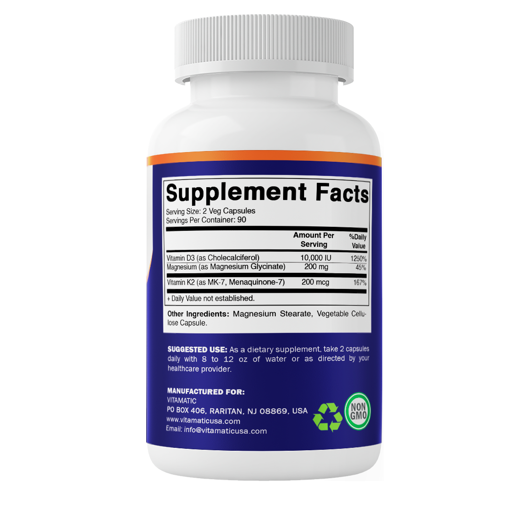 Magnesium Glycinate 200 mg (Elemental) with Vitamin D3 5000 IU & K2 200 mcg – High Absorption Bone, Muscle & Heart Support – 180 Veg Capsules – Non-GMO – Made in USA