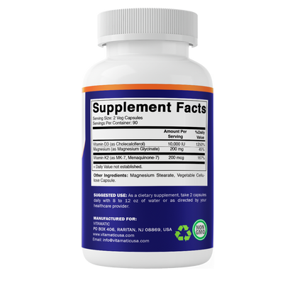 Magnesium Glycinate 200 mg (Elemental) with Vitamin D3 5000 IU & K2 200 mcg – High Absorption Bone, Muscle & Heart Support – 180 Veg Capsules – Non-GMO – Made in USA