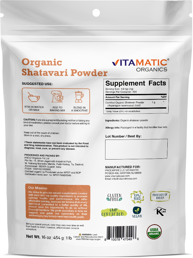 Vitamatic Certified USDA Organic Shatavari Powder 1 Pound (16 Ounce)