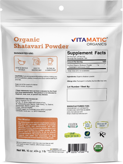 Vitamatic Certified USDA Organic Shatavari Powder 1 Pound (16 Ounce)