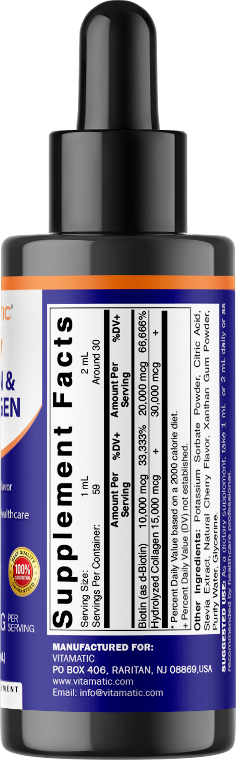 Vitamatic Liquid Biotin + Collagen for Hair Growth, 2 FL OZ