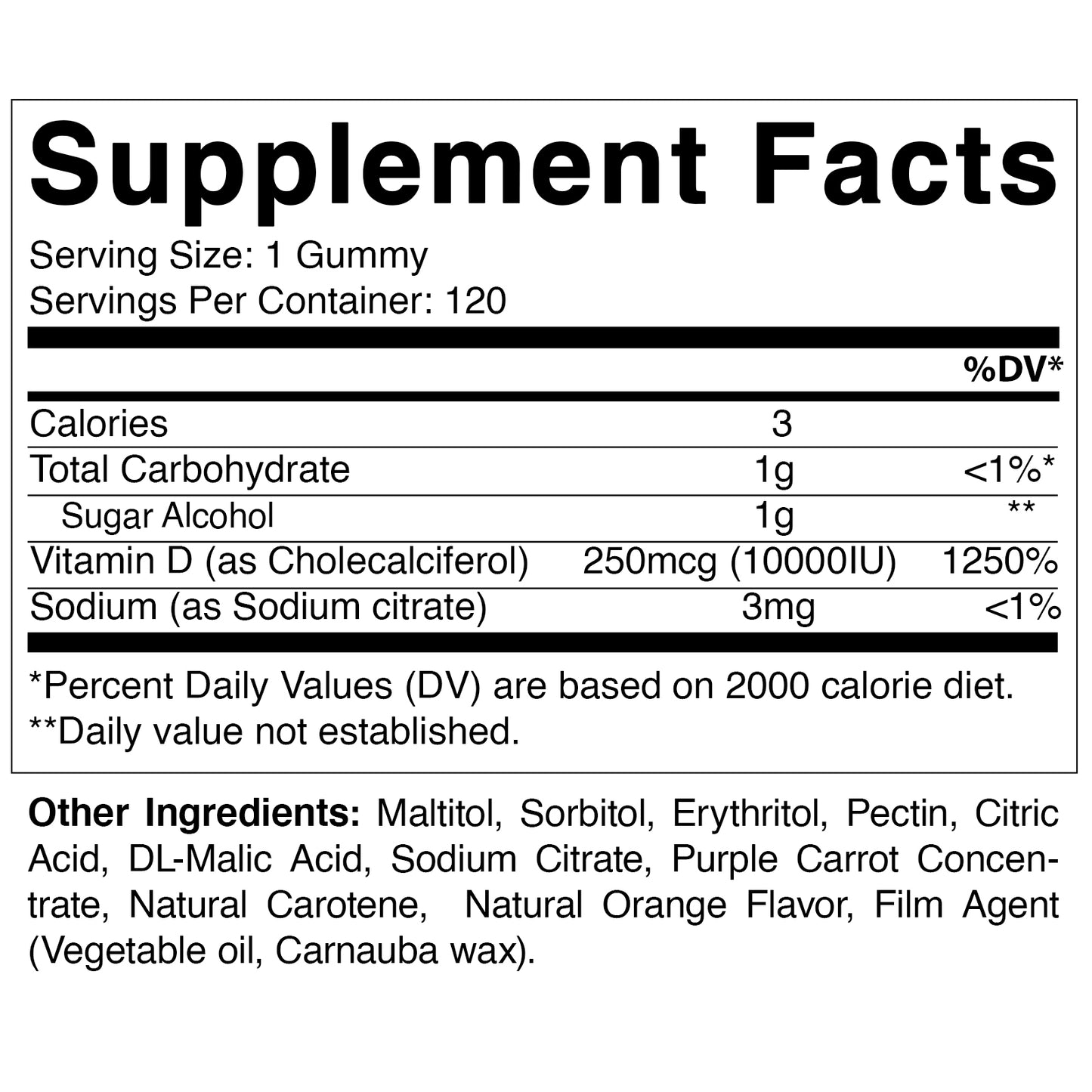 Sugar Free Vitamin D3 10000 IU 120 Gummies