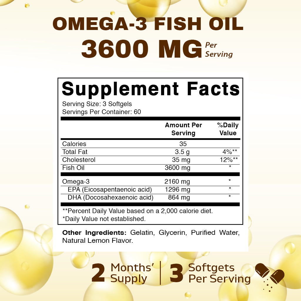 Triple Strength Omega 3 Fish Oil 3600mg Burpless Lemon Flavor - 180 Softgels