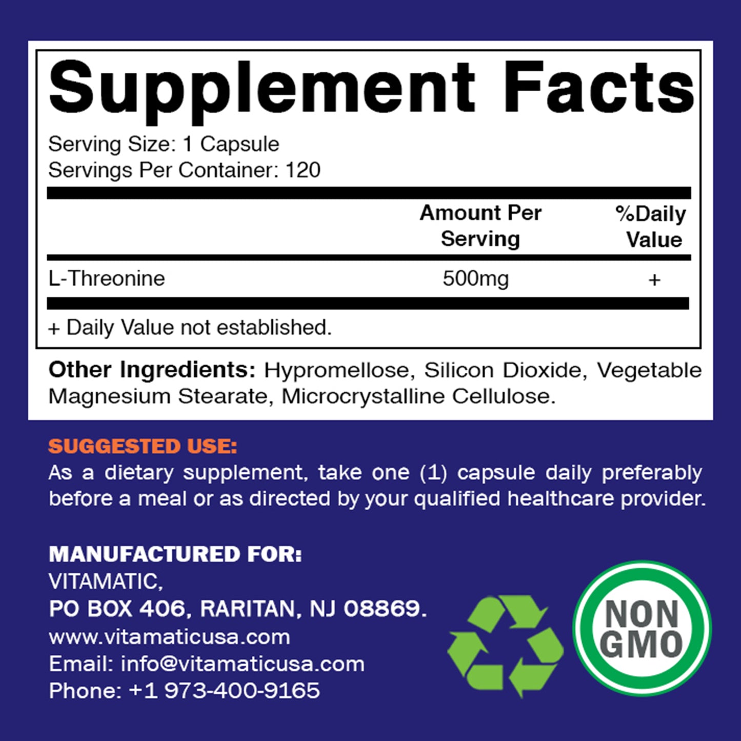 L-Threonine 500 mg - 120 Vegetable Capsules