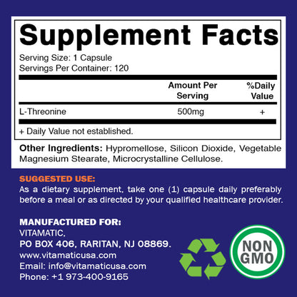 L-Threonine 500 mg - 120 Vegetable Capsules