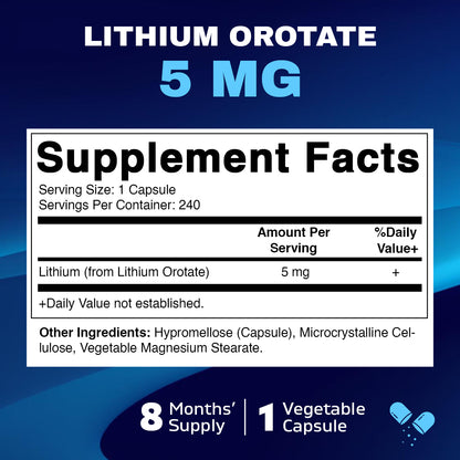 Lithium Orotate 5mg, 240 Veggie Capsules