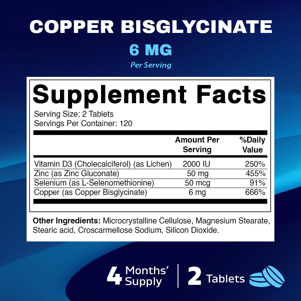 Copper Bisglycinate 6 mg Made with Vitamin D3 2000 IU, Zinc 50mg, Selenium 50mcg - 240 Tablets