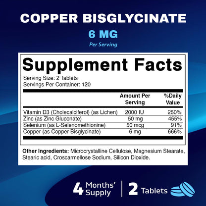 Copper Bisglycinate 6 mg Made with Vitamin D3 2000 IU, Zinc 50mg, Selenium 50mcg - 240 Tablets