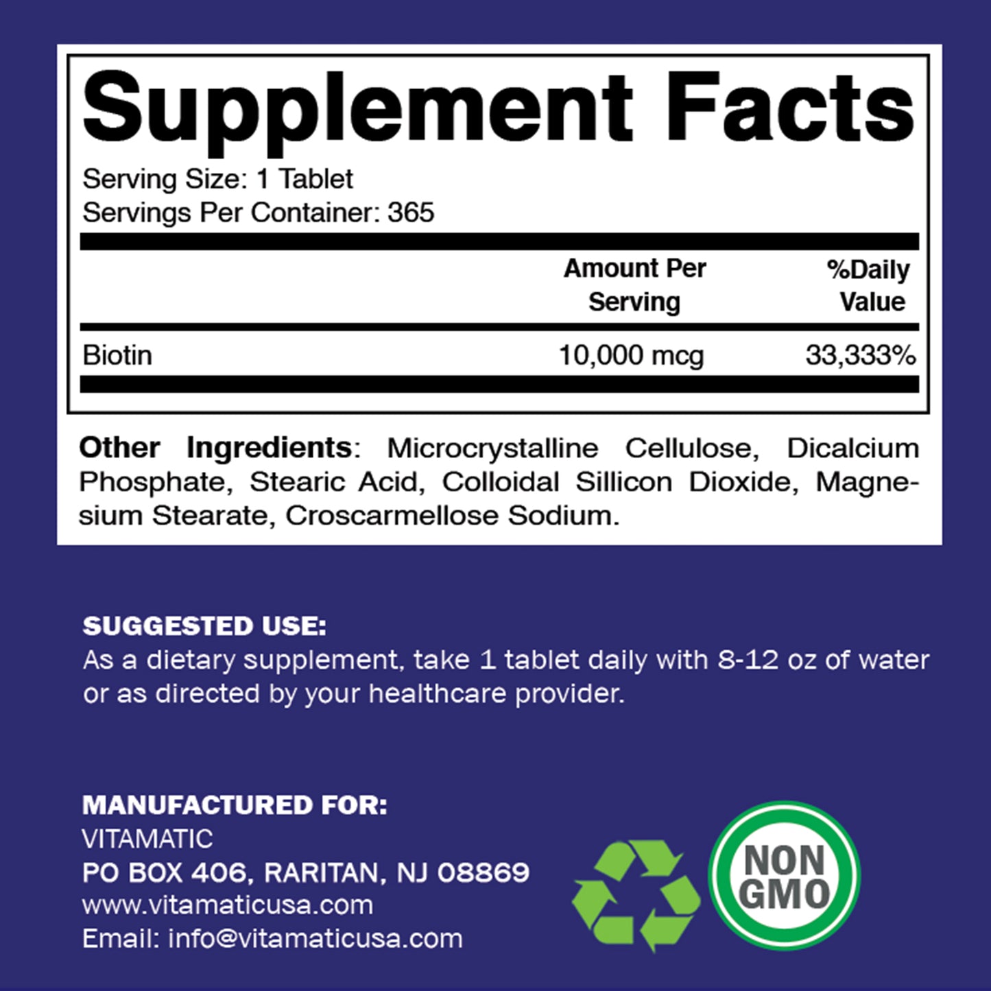 Biotin 10,000 mcg (10 mg) 365 Vegan Tablets
