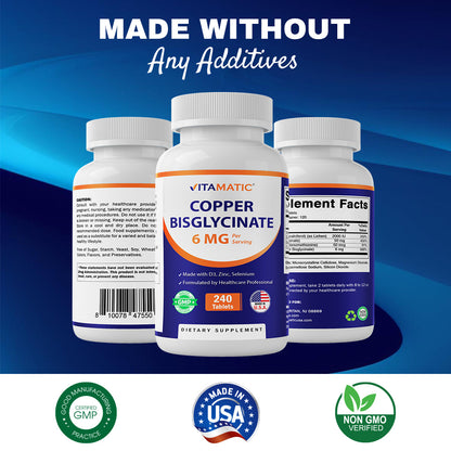 Copper Bisglycinate 6 mg Made with Vitamin D3 2000 IU, Zinc 50mg, Selenium 50mcg - 240 Tablets