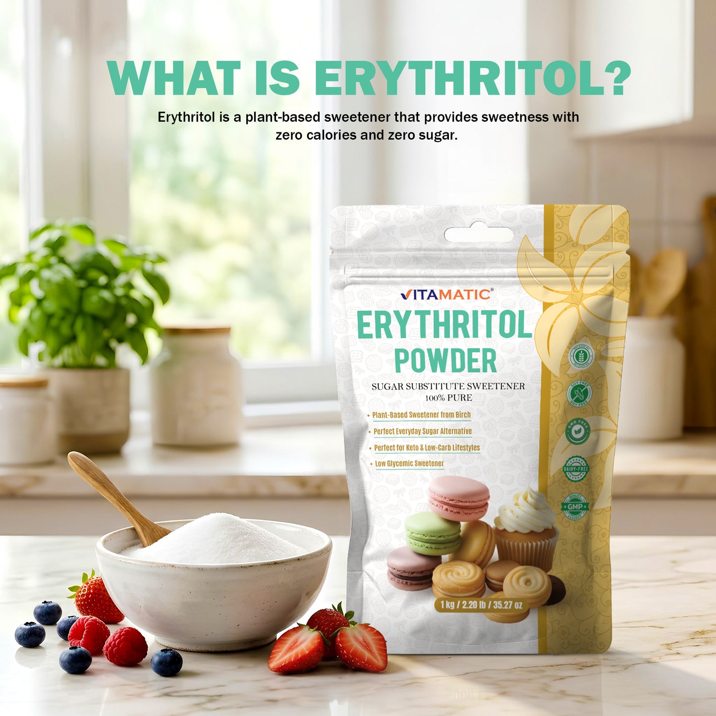 Erythritol Powder 1 kg (2.2 lb) - 100% Pure Sugar Substitute Sweetener – Non-GMO, Gluten Free