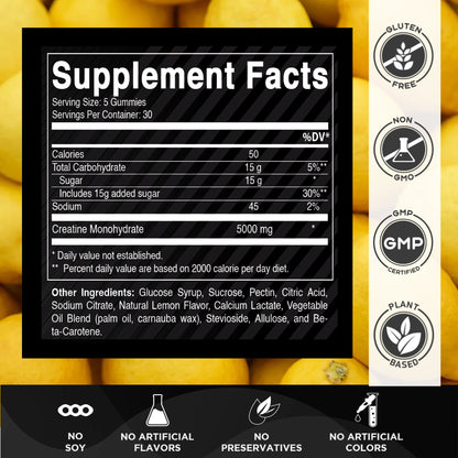 Vitamatic Creatine Gummies 5000mg per Serving Natural Lemon Flavor – 150 Gummies