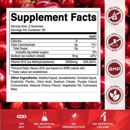 Sugar Free Methyl B12 5000 mcg - 120 Vegan Gummies