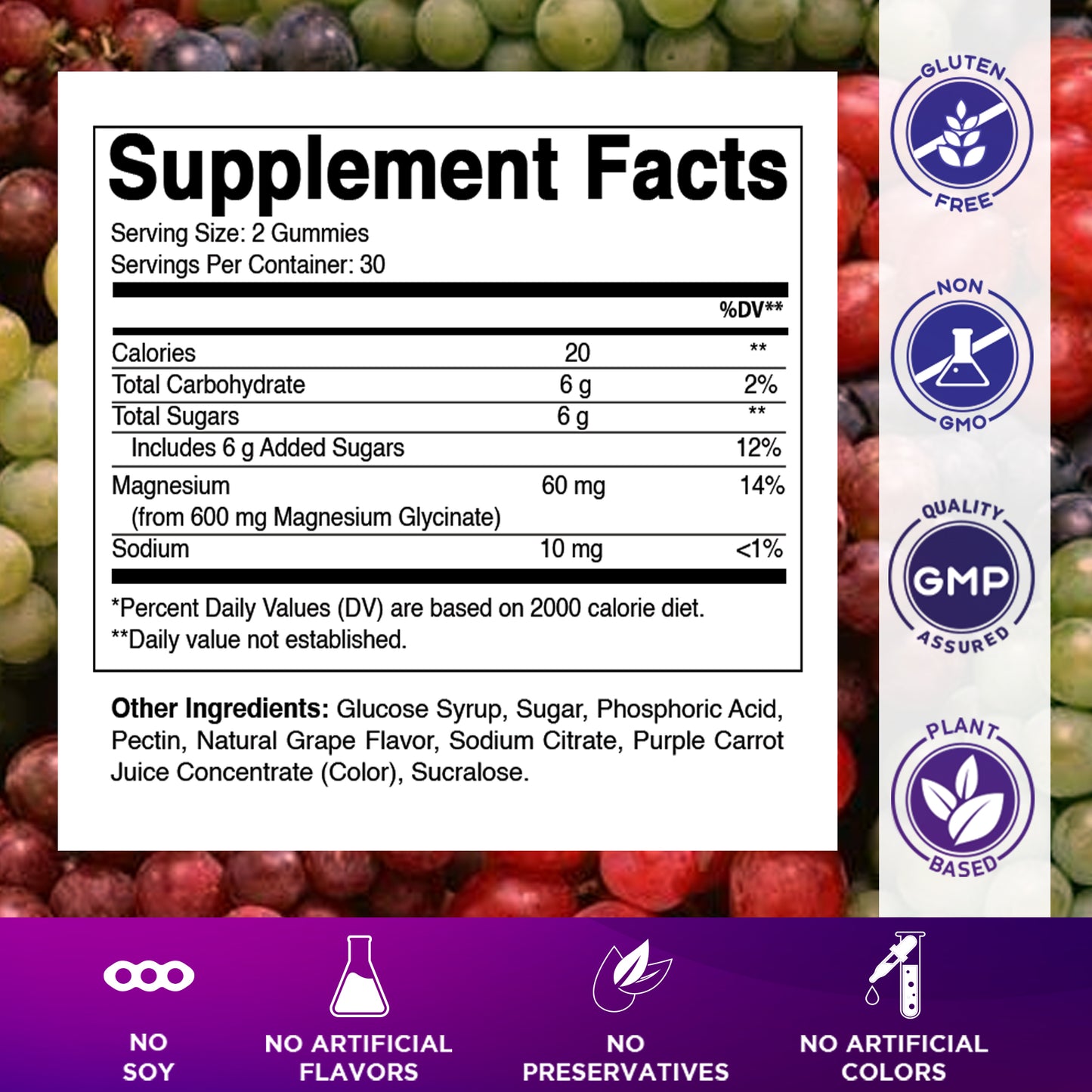 Magnesium Glycinate Gummies 600 mg per Serving – 60 Ct – Natural Grape Flavor